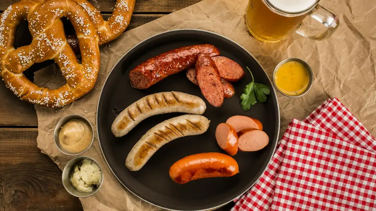 Bratwurst bávara con pretzel, mostaza dulce y jarra de cerveza Märzen